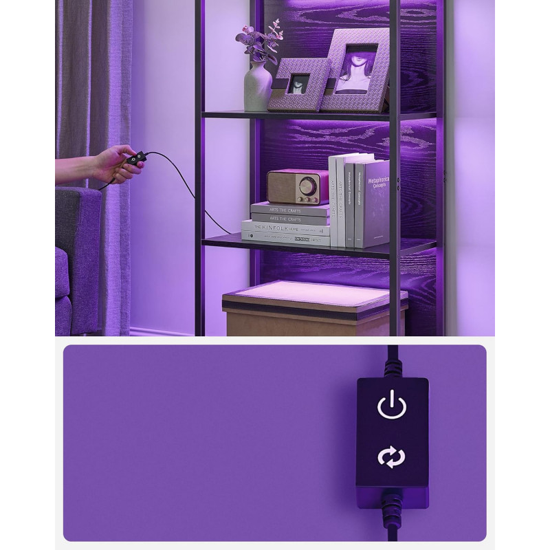 Bokhylle med fargejusterbar LED-belysning – 6 hyller, 178 cm, svart stålramme