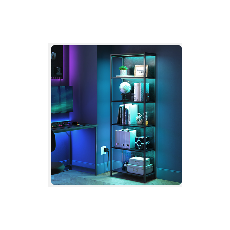 Bokhylle med fargejusterbar LED-belysning – 6 hyller, 178 cm, svart stålramme