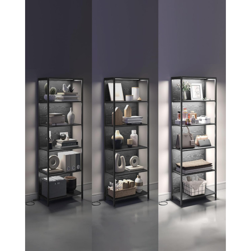 Bokhylle med fargejusterbar LED-belysning – 6 hyller, 178 cm, svart stålramme