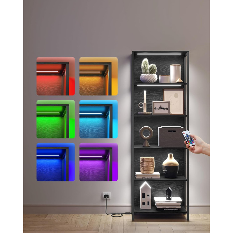 Bokhylle med fargejusterbar LED-belysning – 6 hyller, 178 cm, svart stålramme