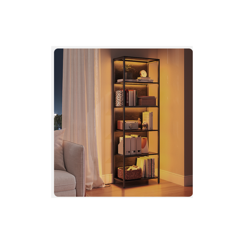 Bokhylle med fargejusterbar LED-belysning – 6 hyller, 178 cm, svart stålramme