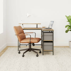 Hjørneskrivebord i L-form med oppbevaring, skuffer og hyller – vintage brun (115 × 105 cm)