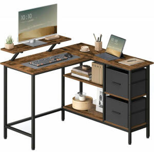 Hjørneskrivebord i L-form med oppbevaring, skuffer og hyller – vintage brun (115 × 105 cm)