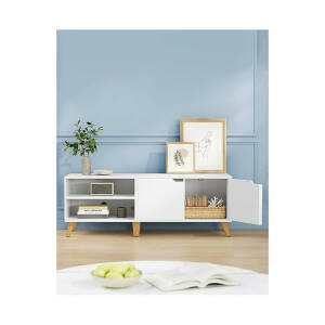 Hvit retro TV-benk 140 × 50 × 40 cm med skap – for TV opptil 65"