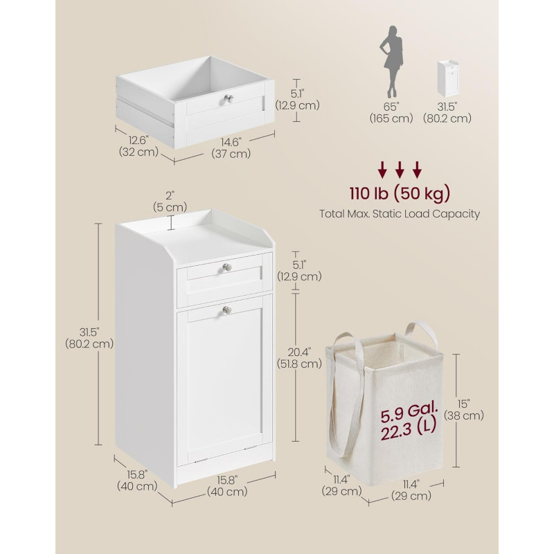 Hvitt baderomsskap med innebygd vaskekurv + skuff – 40 × 40 × 80,2 cm