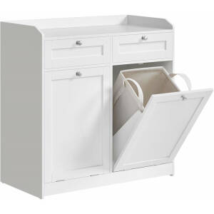 Hvitt baderomsskap med skuffeoppbevaring og to integrerte skittentøykurver