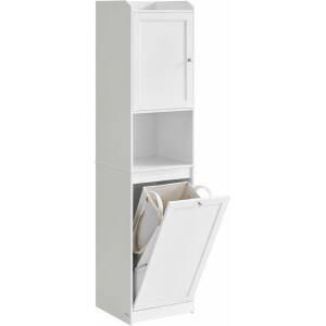 Hvitt høyt oppbevaringsskap til badet med skittentøykurv og åpen hylle