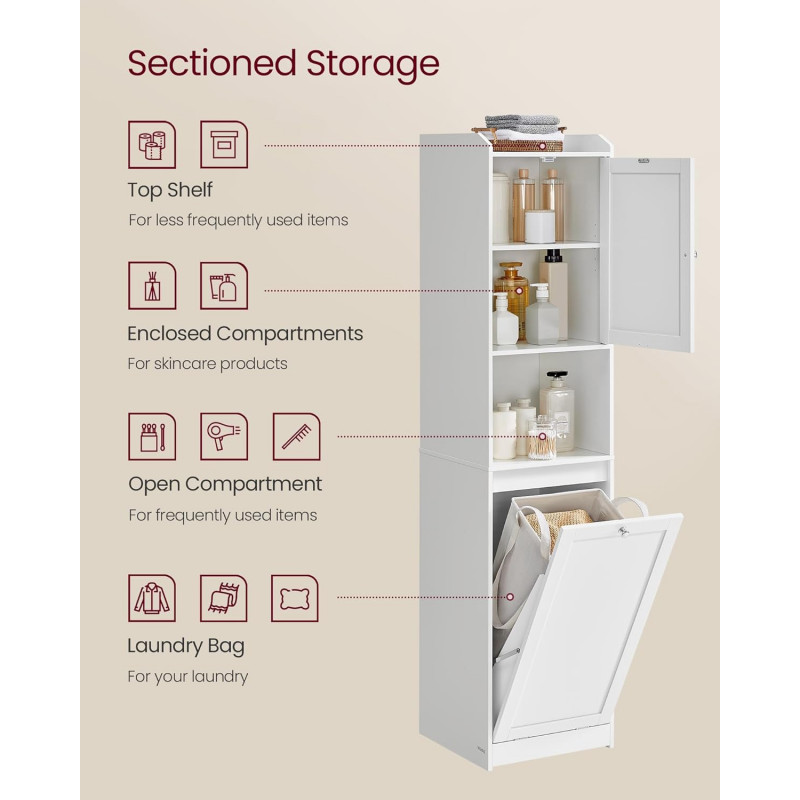 Hvitt høyt oppbevaringsskap til badet med skittentøykurv og åpen hylle