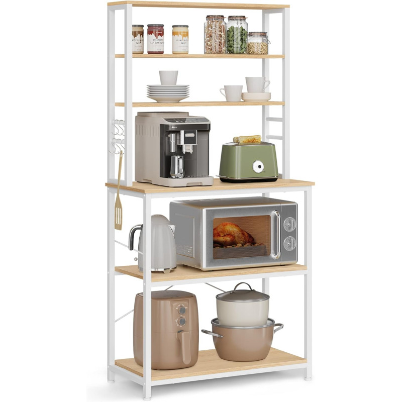 Kjøkkenhylle med benk, hyller og kroker – eik/hvit, 80 × 40 × 167 cm