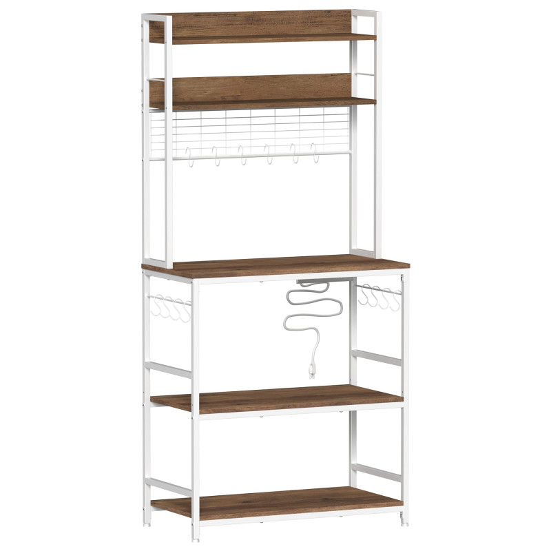 Kjøkkenhylle med stikkontakter, mikrobølgehylle, arbeidsbenk og 14 kroker – vintage brun/hvit