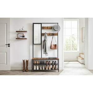 Klesstativ med speil og benk, inkludert skohylle – vintage brun, 98 × 35 × 180 cm