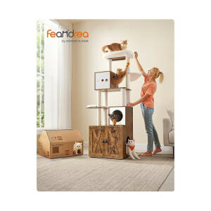 Kloretre i vintagebrun med trekattehus og plattformer – 60 × 52 × 185 cm