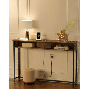 Konsollbord med stikkontakter 120 × 25 × 81 cm i brun/svart – 2 rom for oppbevaring