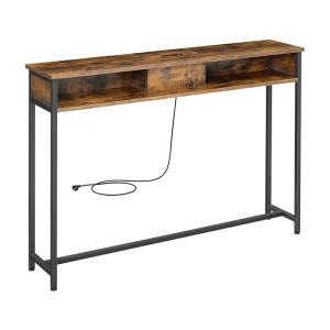 Konsollbord med stikkontakter 120 × 25 × 81 cm i brun/svart – 2 rom for oppbevaring