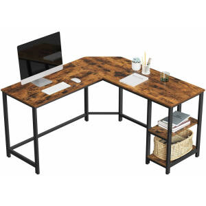 L-formet hjørneskrivebord med to praktiske hyller, vintage brun/svart