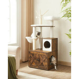 Luksuriøst kattetre med kattehus og plattformer – hvit/vintage brun, plysj & sisal, 57,5 × 50 × 140 cm