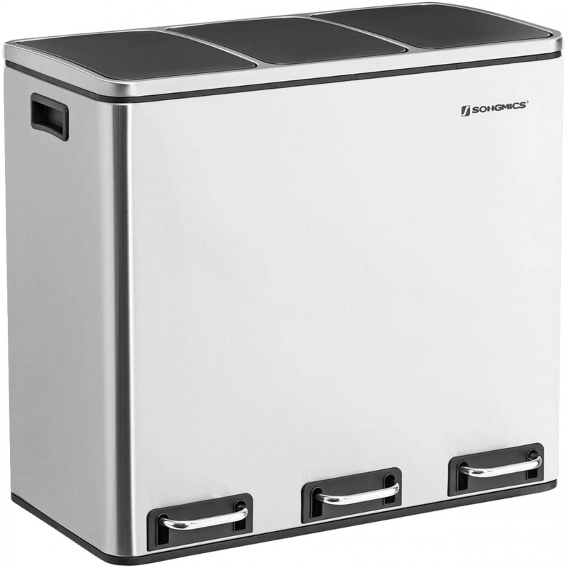 Pedalbøtte for sortering i rustfritt stål med 3 rom – 54 liter