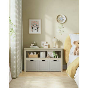 Retro konsollbord i beige med tre store skuffer og praktisk åpen oppbevaring