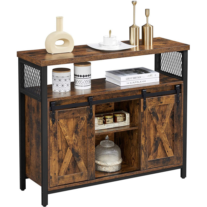 Rustikk industriell skjenk med skyvedører og smart oppbevaring, 100 × 33 × 80 cm