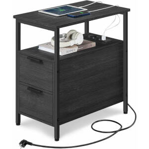 Sidebord med ladestasjon i svart – stikkontakt og USB, 2 skuffer, 35 × 60 × 61 cm