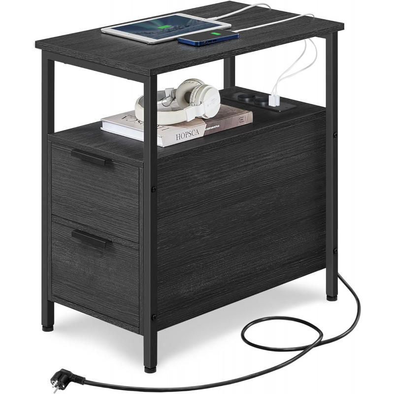 Sidebord med ladestasjon i svart – stikkontakt og USB, 2 skuffer, 35 × 60 × 61 cm