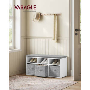 Skobenk med sitteplass, 6 skorom og 3 stoffskuffer – hvit og grå