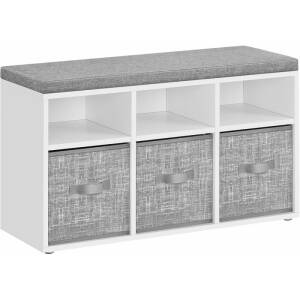 Skobenk med sitteplass, 6 skorom og 3 stoffskuffer – hvit og grå