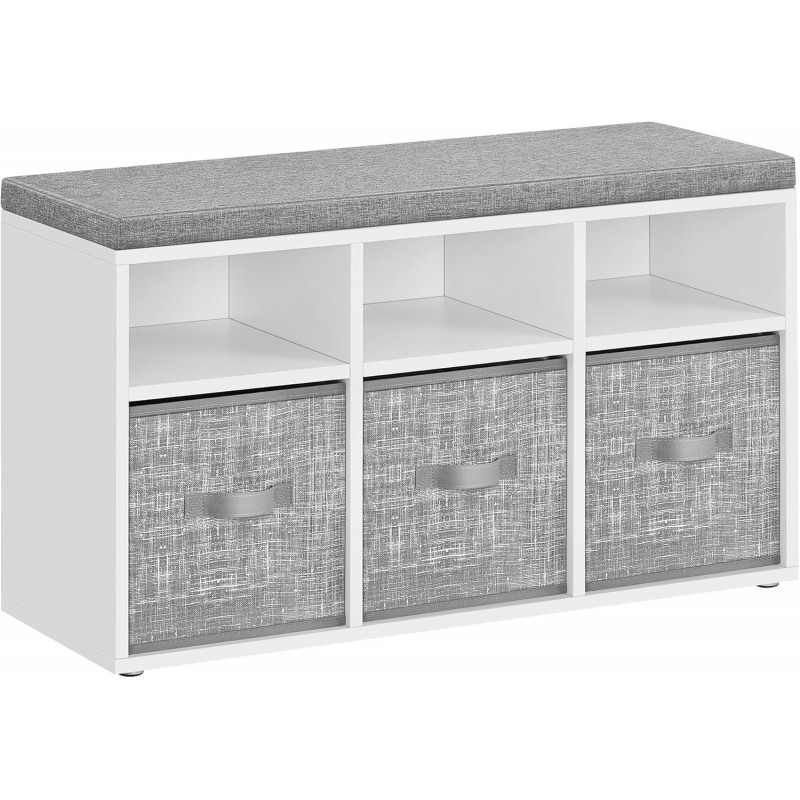 Skobenk med sitteplass, 6 skorom og 3 stoffskuffer – hvit og grå