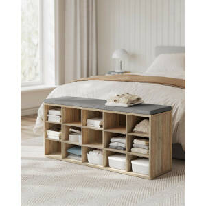 Skohylle med benk og sittepute, 15 rom – 105 × 30 × 48 cm – brun/grå