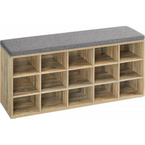 Skohylle med benk og sittepute, 15 rom – 105 × 30 × 48 cm – brun/grå