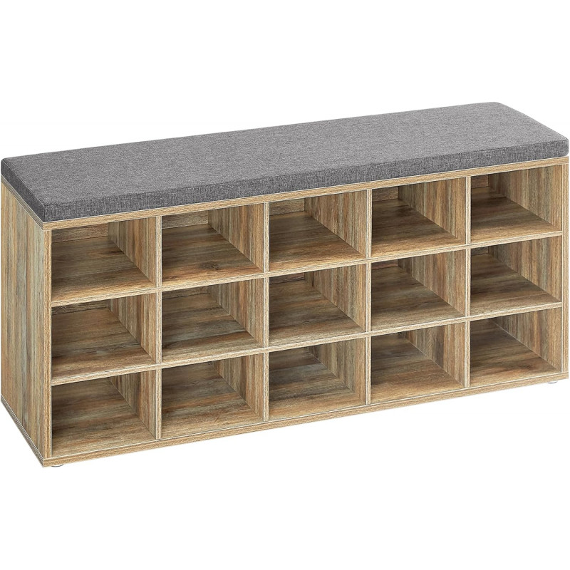 Skohylle med benk og sittepute, 15 rom – 105 × 30 × 48 cm – brun/grå