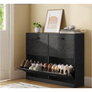 Skoskap til gangen i svart med 4 dører og justerbare hyller – veltesikring, plass til opptil 28 par, 24 cm dypt