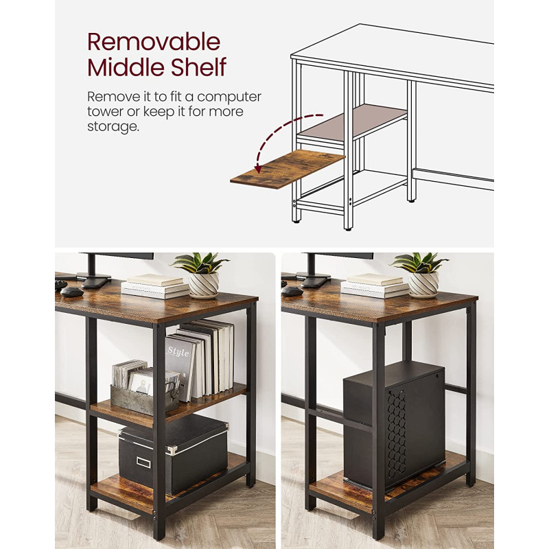 Skrivebord i industriell stil med to hyller – vintage brun/svart, 140 × 60 × 75 cm