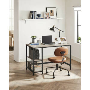 Skrivebord med to hylleplan i greige og svart, 120 × 60 cm