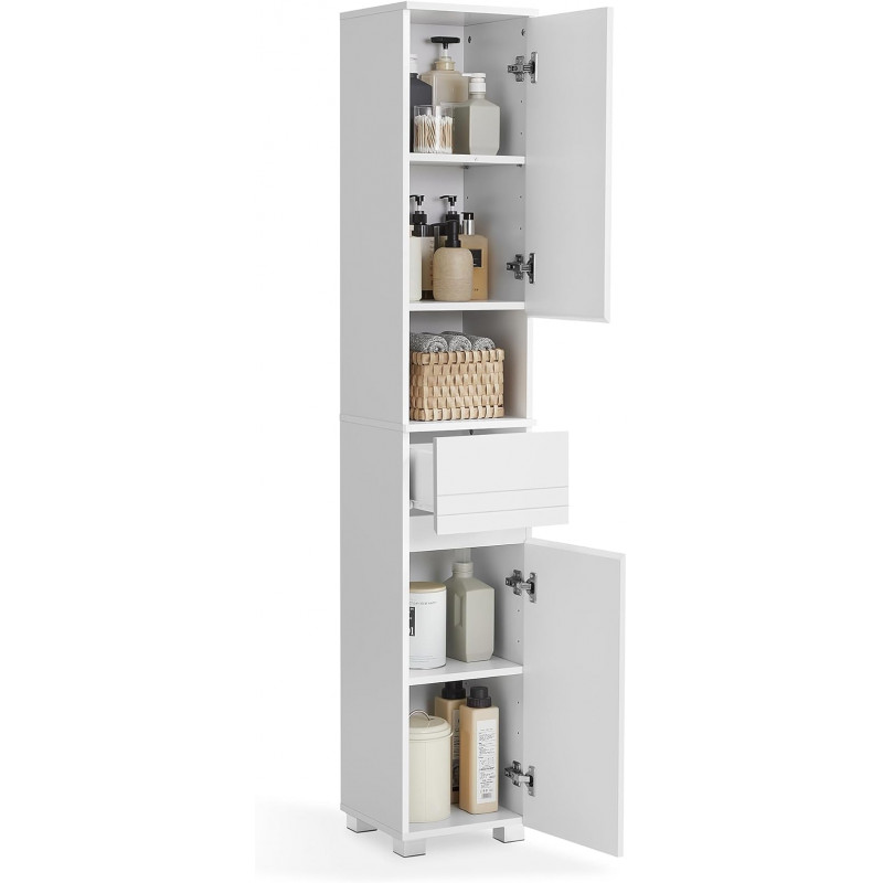 Smalt høyt baderomsskap med skuff i hvitt design