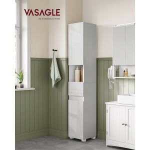 Smalt høyt baderomsskap med skuff i hvitt design