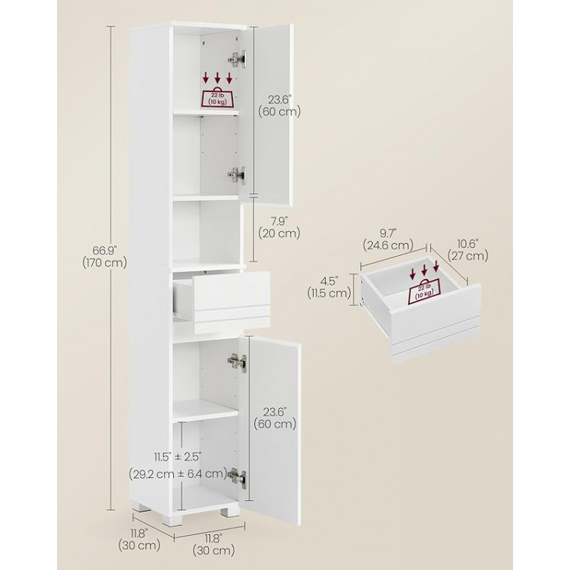 Smalt høyt baderomsskap med skuff i hvitt design
