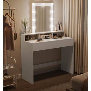 Sminkebord 100 cm med speil og LED-lys, utstyrt med 2 skuffer og 3 rom