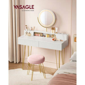 Sminkebord i elegant hvit-, gull- og rosadesign – med krakk og LED-belysning