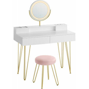Sminkebord i elegant hvit-, gull- og rosadesign – med krakk og LED-belysning