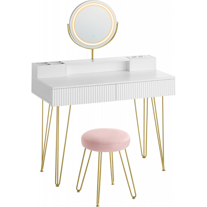 Sminkebord i elegant hvit-, gull- og rosadesign – med krakk og LED-belysning