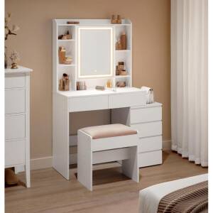 Sminkebord med LED-speil og justerbare hyller – hvit, 97,5 cm, med skuffer og skap
