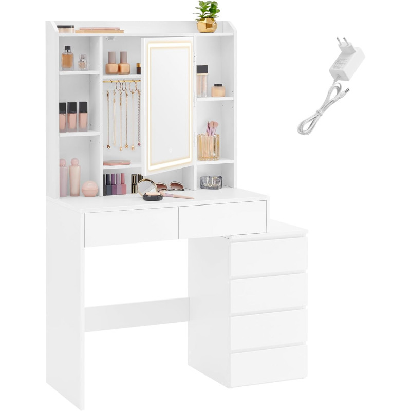Sminkebord med LED-speil og justerbare hyller – hvit, 97,5 cm, med skuffer og skap