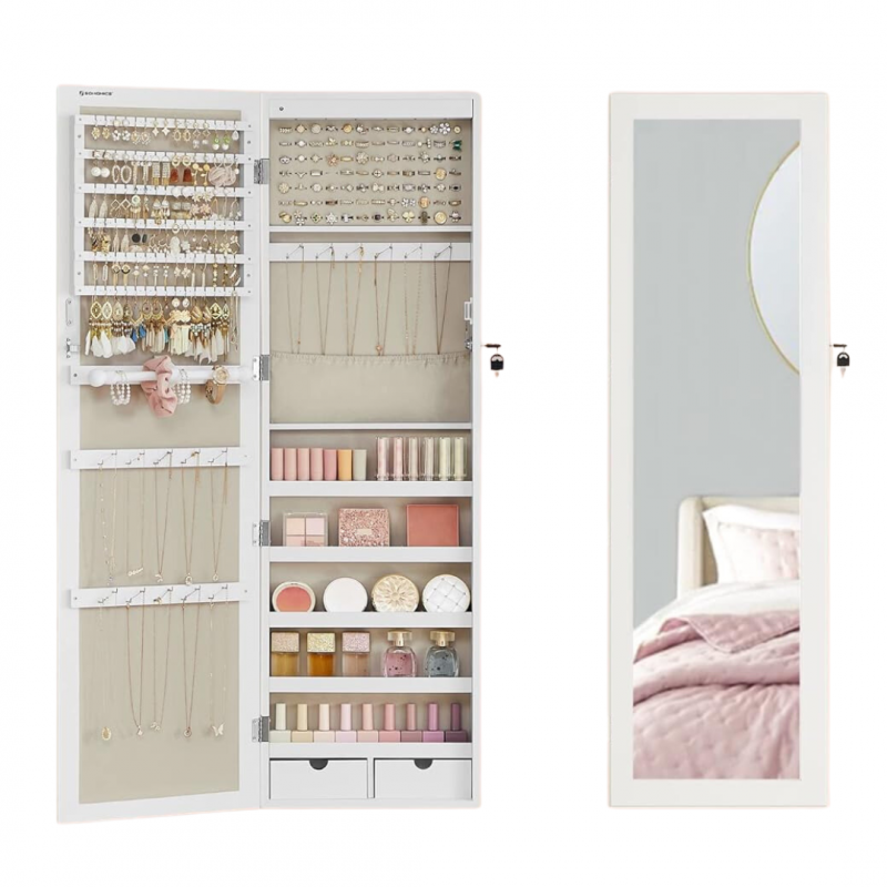 Smykkeskap med speil for vegg eller dør – plassbesparende design 37 × 120 cm