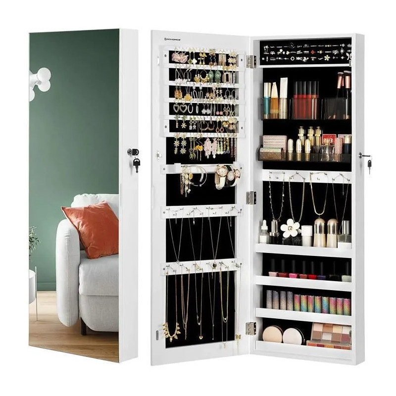 Smykkeskap med speil og oppbevaring – dør/vegg, 37,5 × 9,7 × 108 cm