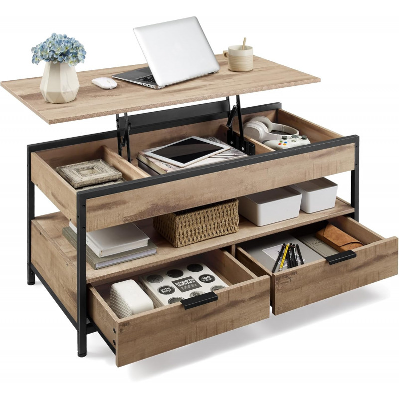 Sofabord med løftefunksjon og 2 skuffer i naturlig brun, 100 × 50 × 63 cm