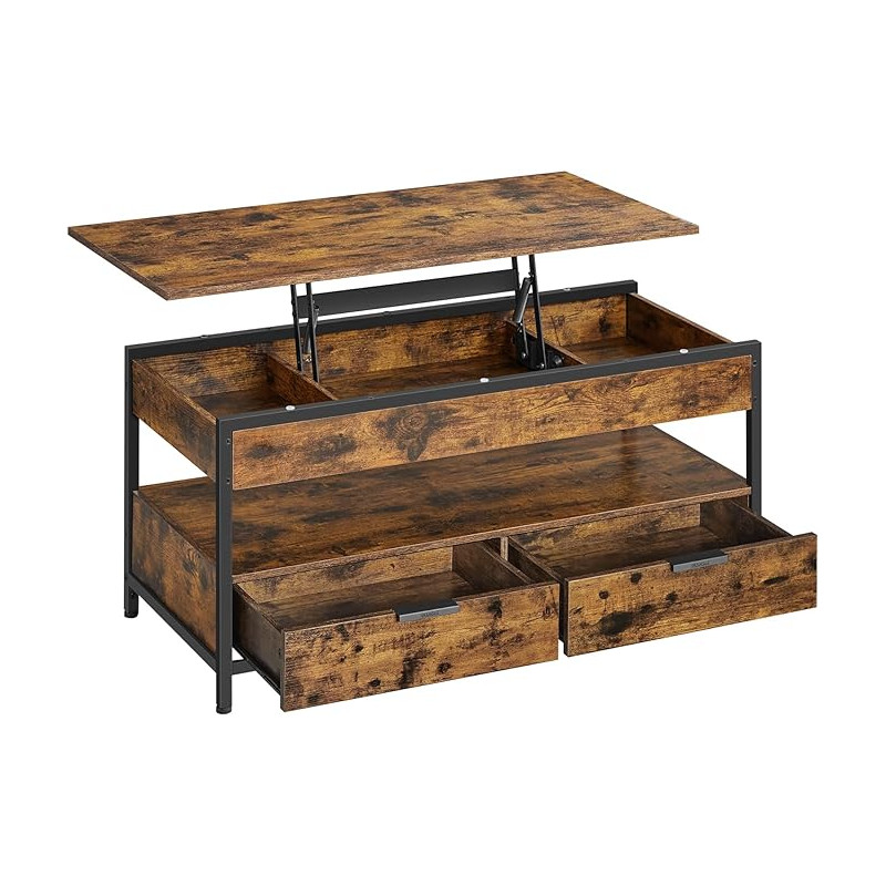 Sofabord med løftefunksjon og 2 skuffer i vintage brun, 100 × 50 × 63 cm