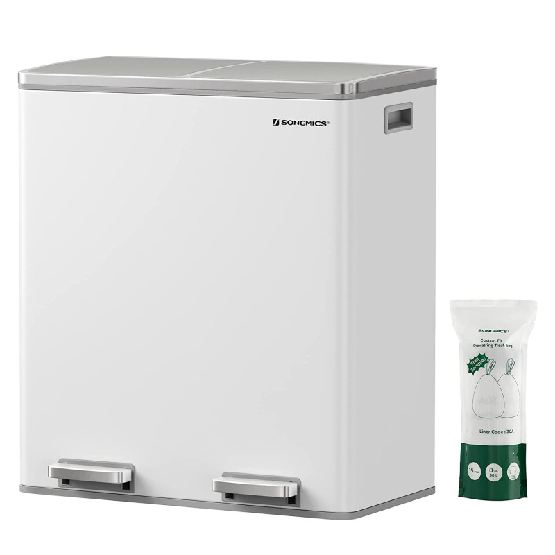 Søppelbøtte med to rom og pedal – hvit, rustfritt stål, 60 liter