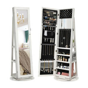 Speil med innebygd smykkeskap og sminkeoppbevaring – roterbar, hvit