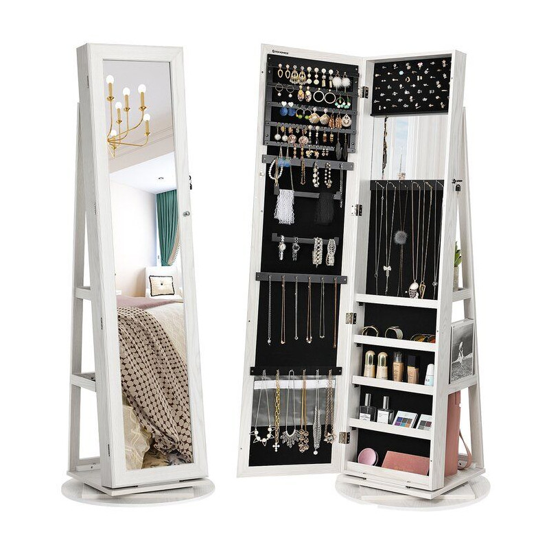 Speil med innebygd smykkeskap og sminkeoppbevaring – roterbar, hvit